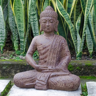 --->  Volcanic Stone Buddha Lotus Robe Antique Brown Statue (Indonesia)