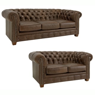 Best Shopping Hancock Tufted Distressed Brown Italian Chesterfield Leather Sofa and Loveseat