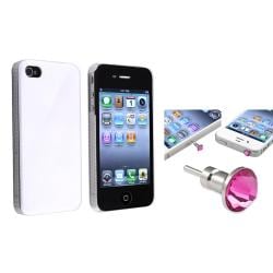 Shiny White Snap-on Case/ Pink Headset Dust Cap for Apple iPhone 4/ 4S