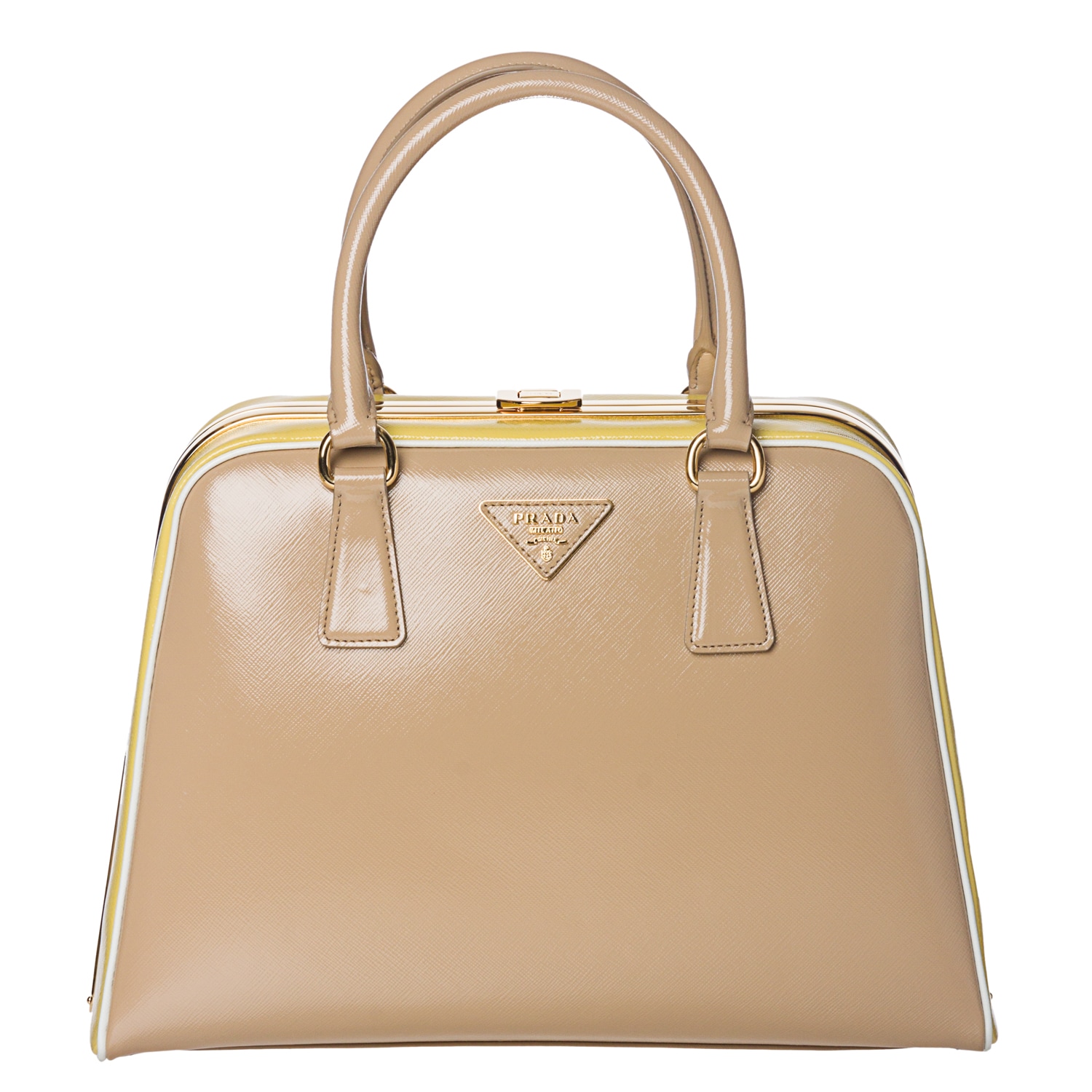 Prada Beige/ Yellow Leather Pyramid Frame Bowler Bag - 14362512 ...  