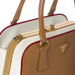 Prada Camel/ White Leather Pyramid Frame Bowler Bag - 14364184 ...  