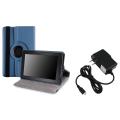 Blue Leather Swivel Case/ Travel Charger for Amazon Kindle Fire