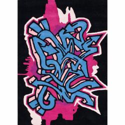Handmade Alexa Kids Graffiti Black Wool Rug (3'6 x 5'6)