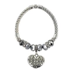 Roman Artisan Silvertone Heart Bali Beaded Stretch Bangle Bracelet