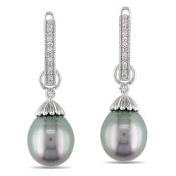 Miadora Sterling Silver Tahitian Black Pearl and Diamond Accent Drop Earrings (H-I, I2-I3)