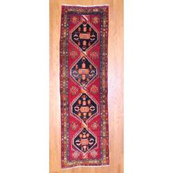 1960s Antique Persian Hand-knotted Tribal Hamadan Burgundy/ Brown Wool Runner (3'7 x 12'3)