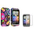 Black/ Colorful Flowers TPU Case/ Screen Protector for HTC Wildfire S