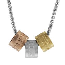 Journee Collection Tri-tone Steel Roman Numeral Triple Ring Necklace
