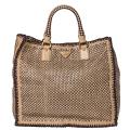 Prada Woven Tan/ Taupe Leather Madras Tote Bag