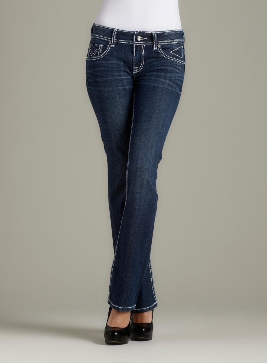 dark blue jeans with white stitching