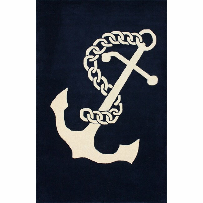Handmade Anchor Navy Wool Rug (5' x 8')