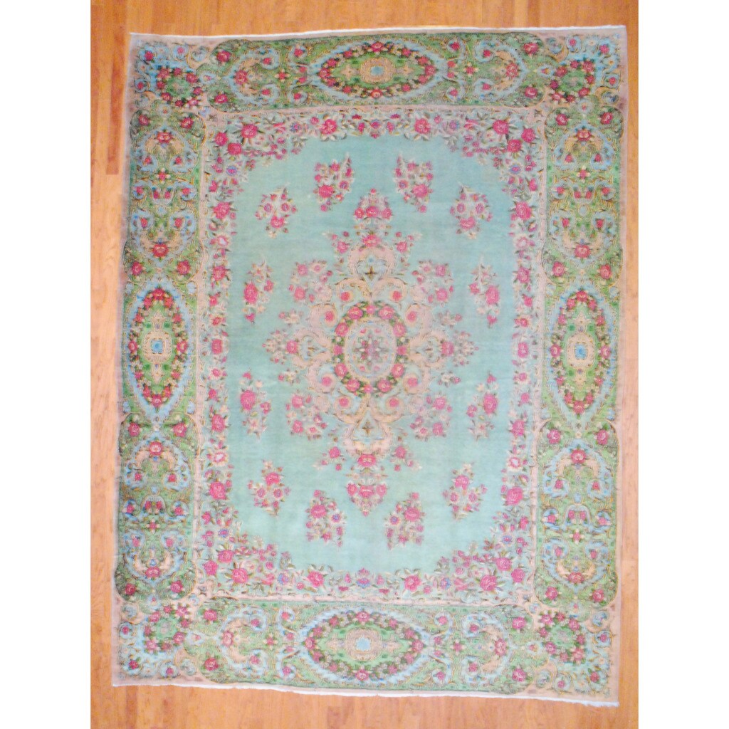 Antique Persian Hand-knotted Kerman Light Green/ Green Wool Rug (10' x 13')