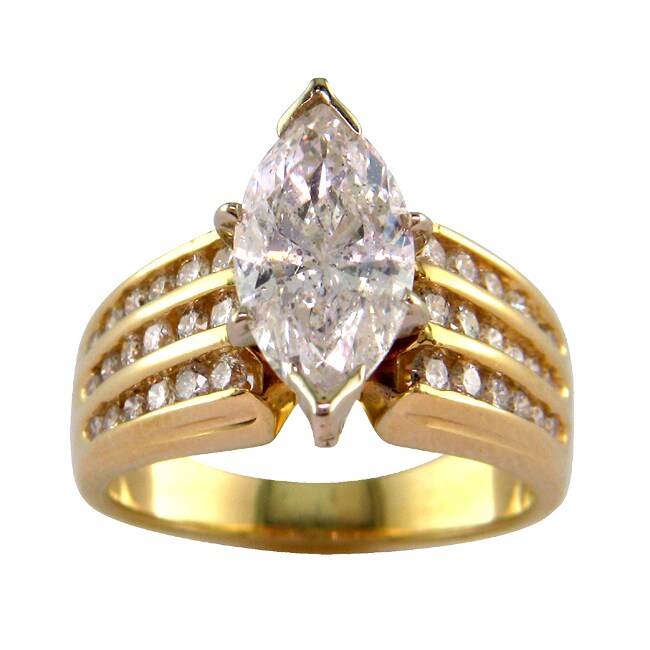 14k Yellow Gold 2 7/8 TDW Three Row Round and Marquise Shape Diamond Ring (G, I1)