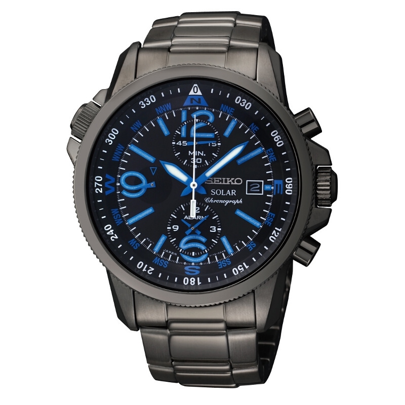 Seiko Men's Solar Chrono Black Ion Compass Watch