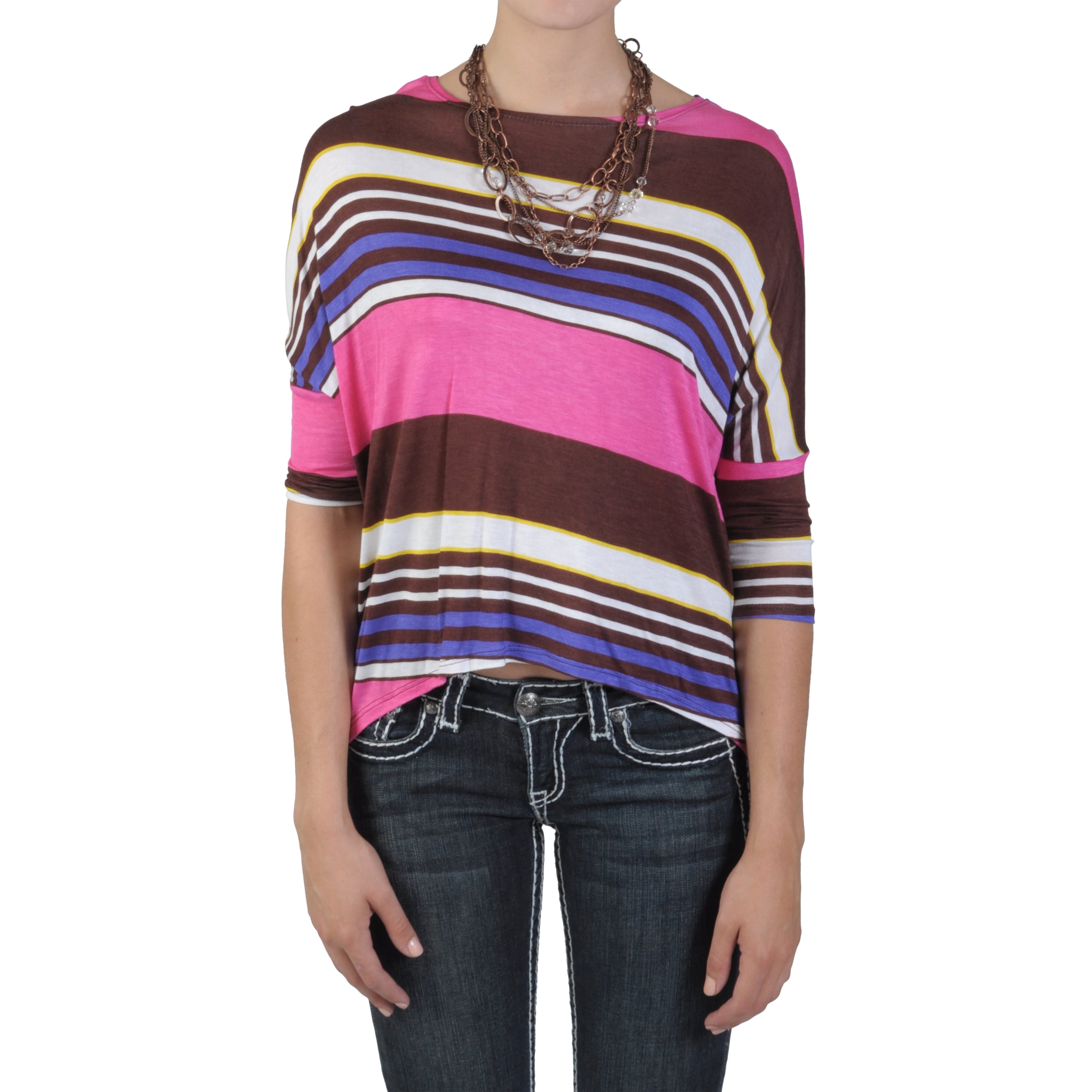 Journee Collection Junior's Dolman Sleeve Hilow Striped Top