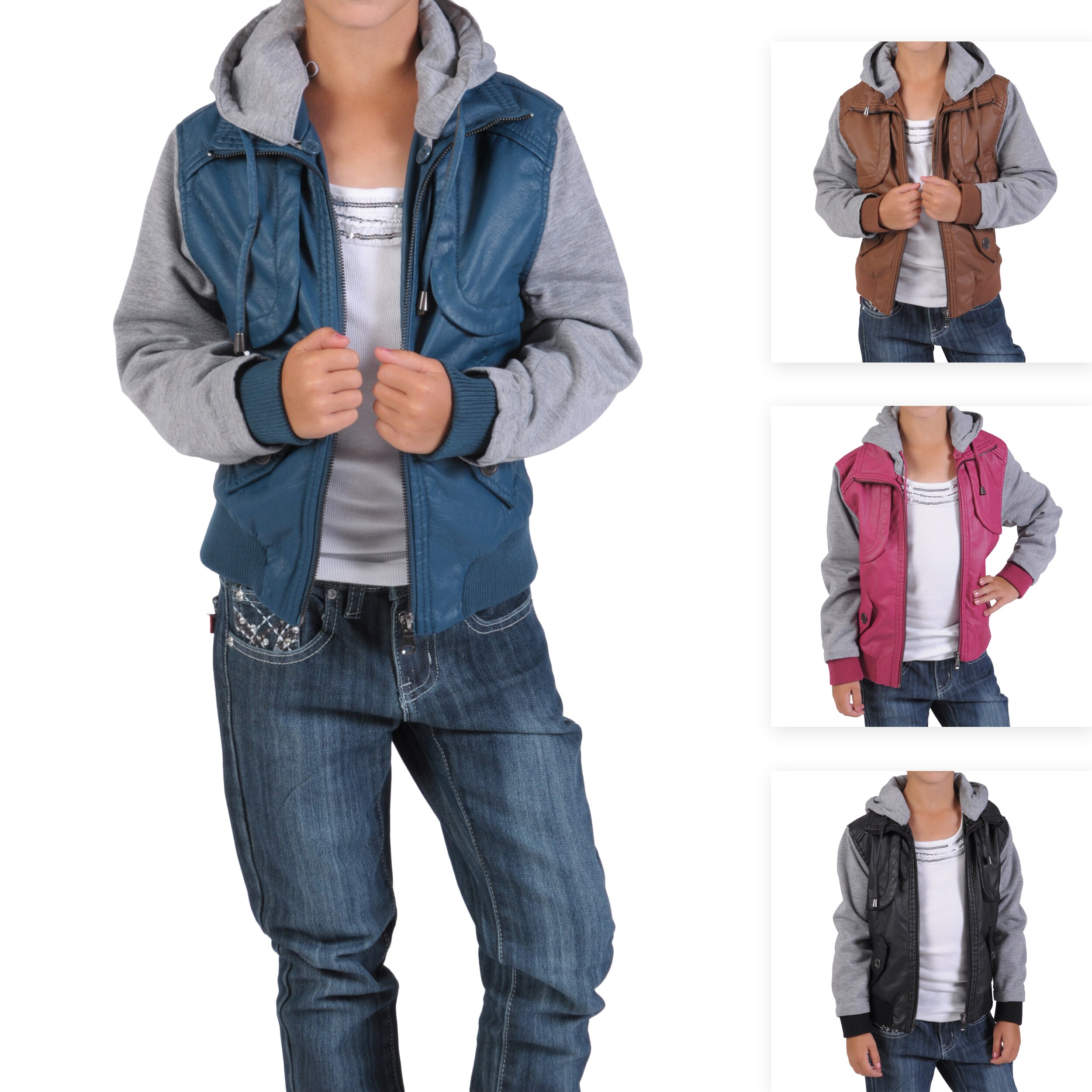 Journee Collection Kid's PU Leather Knit-sleeve Varsity Jacket