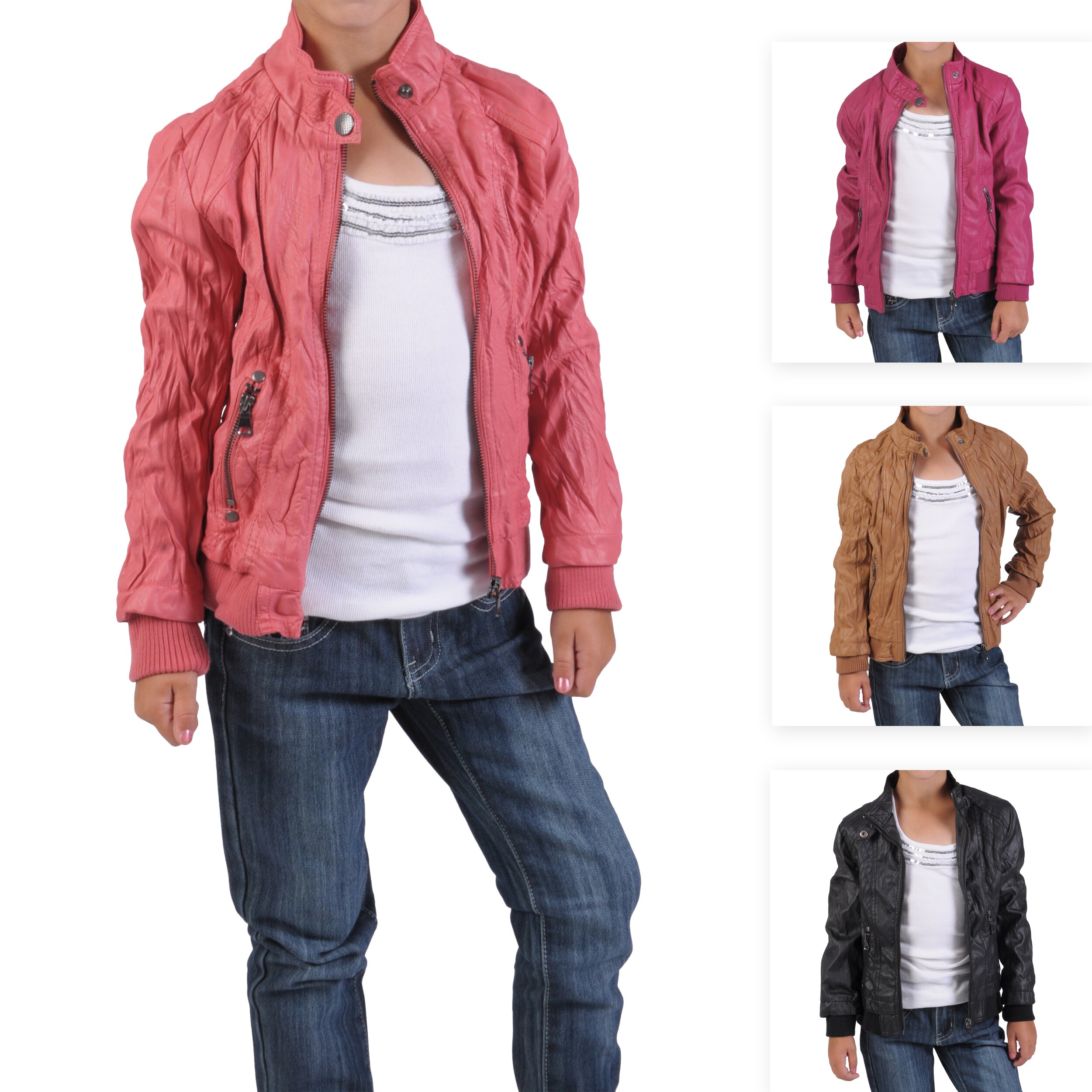Journee Collection Kid's Crinkled Zippered PVC Leather Jacket