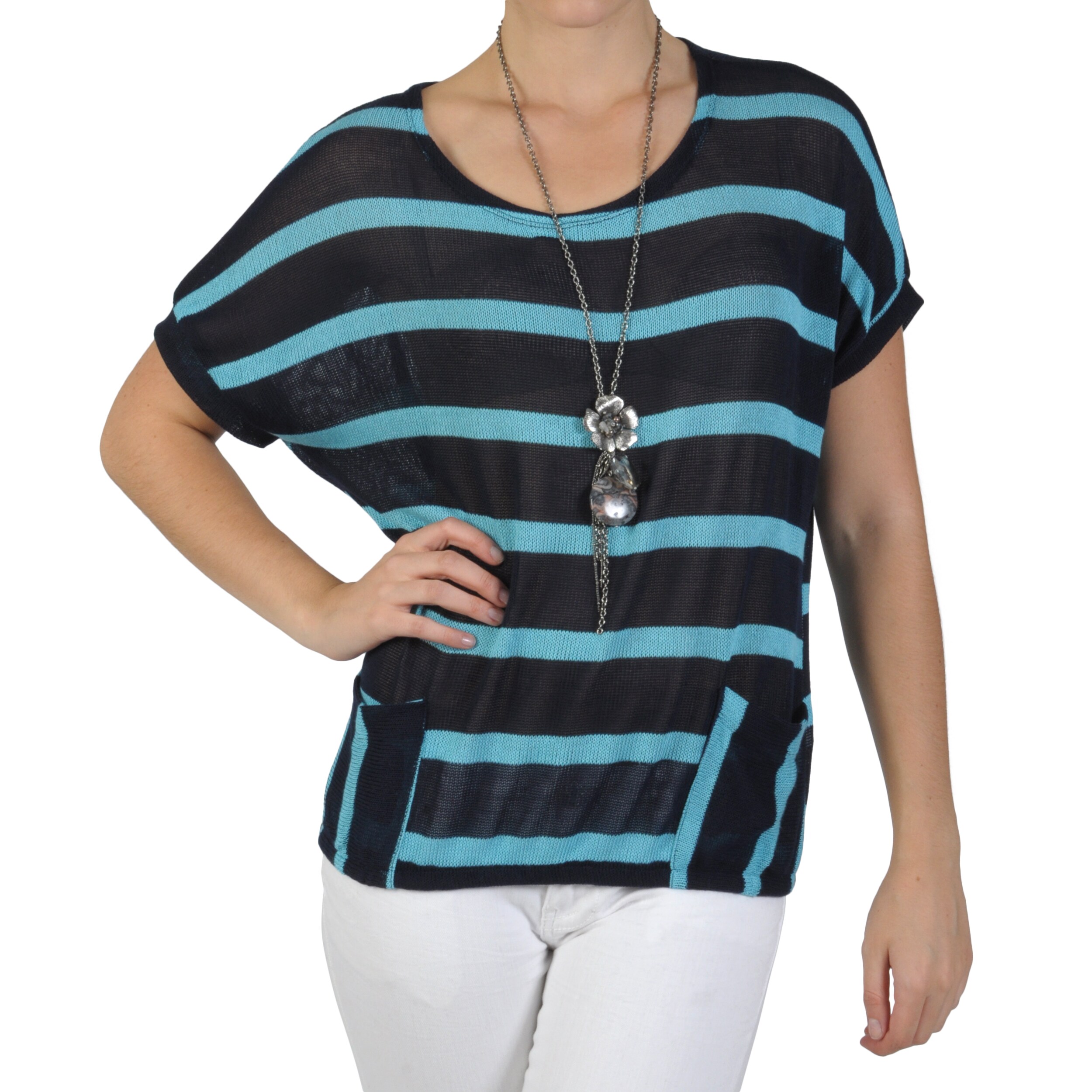 Journee Collection Junior's Shortsleeve Pocketed Knit Sweater