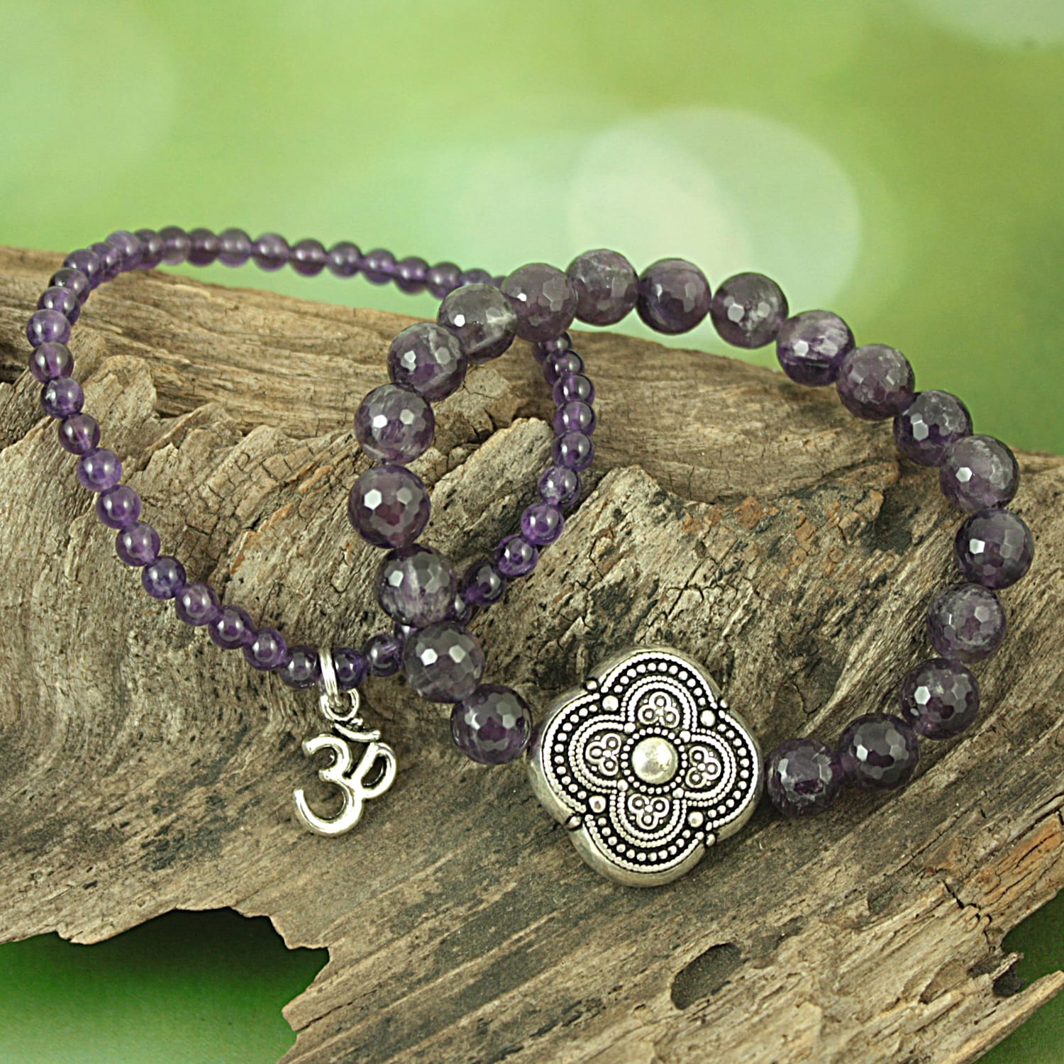Handcrafted Faceted Amethyst Antique Cross and Om Stretch Bracelet (USA)