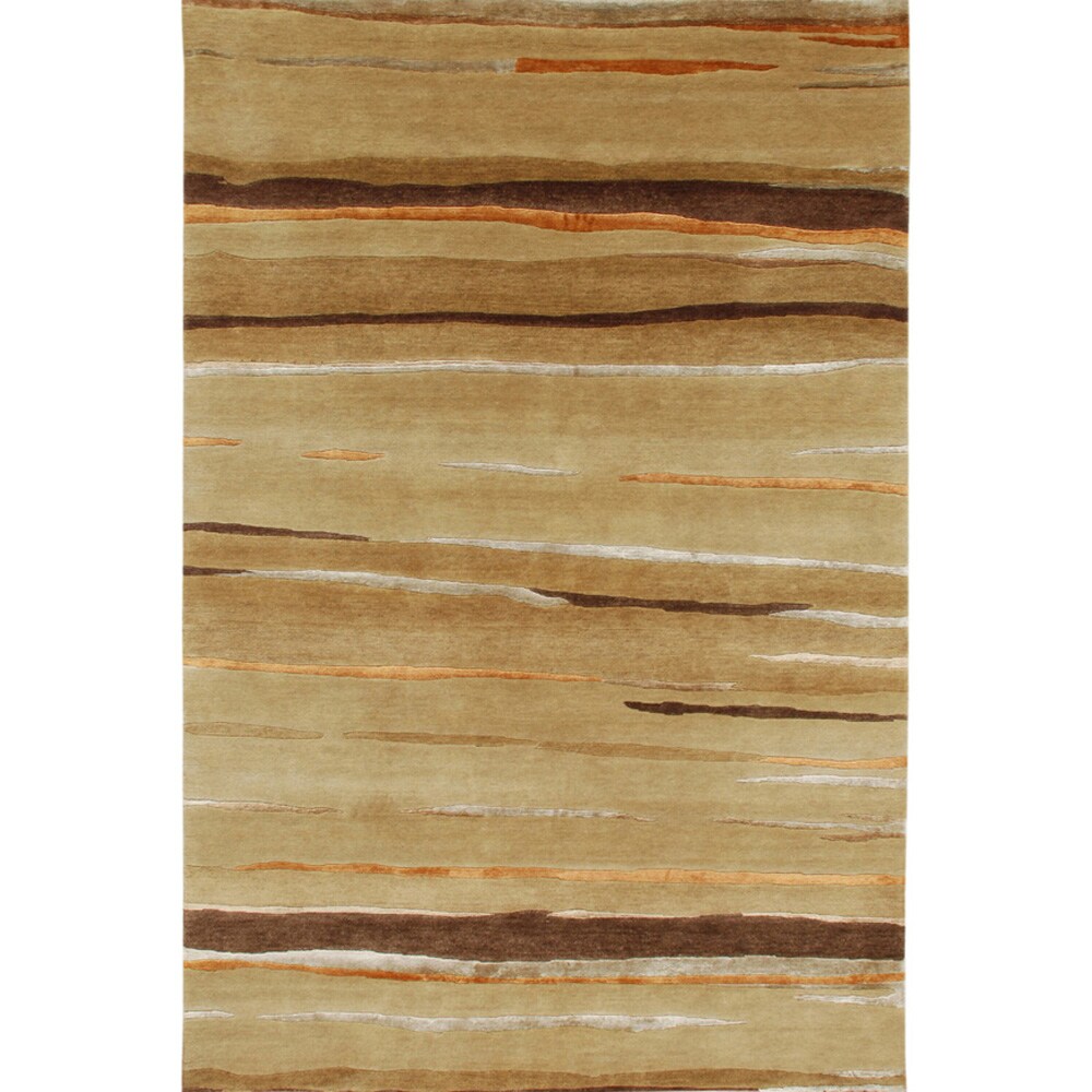 Hand-knotted Abstract Dark Sand Wool/ Art-silk Rug (9'6 x 13'6)