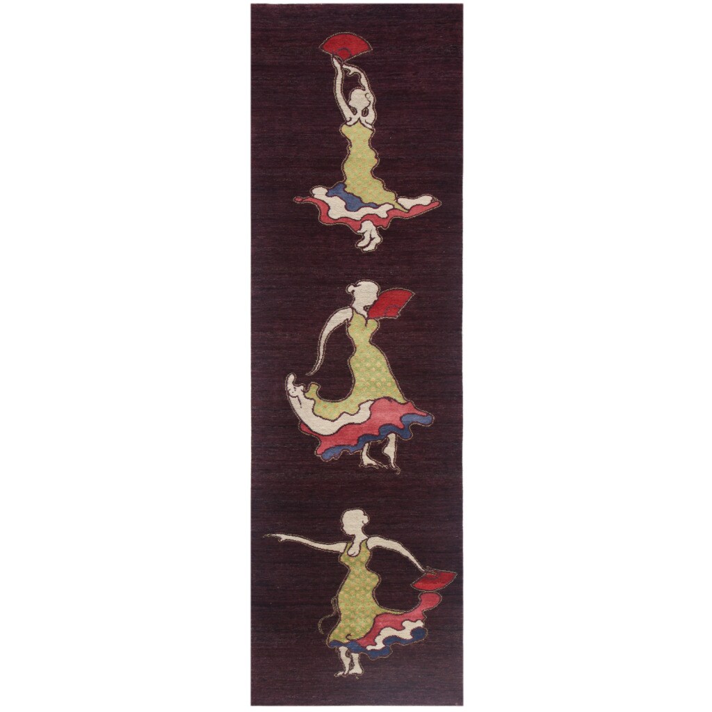 Hand-knotted Abstract Tulip Purple Wool/ Silk Rug (3'2 x 11'6)