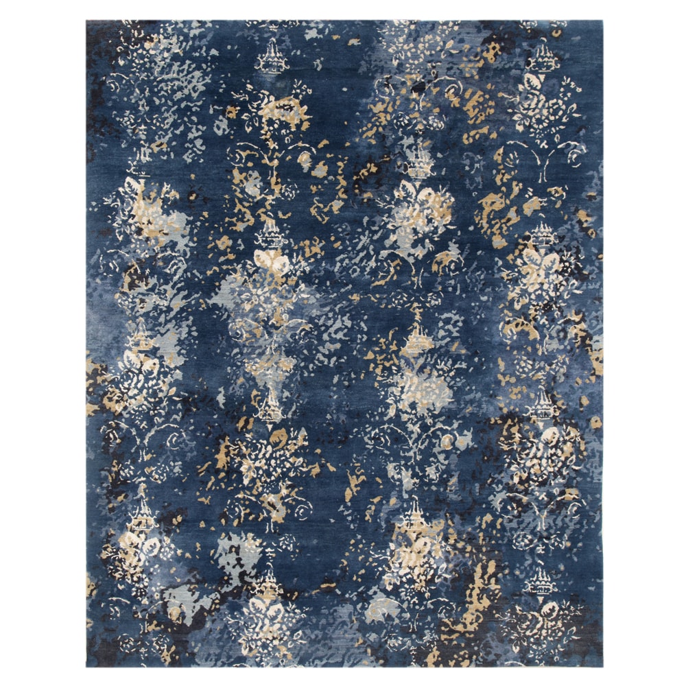 Hand-knotted Abstract Denim Blue Wool/ Silk Rug (8' x 10')