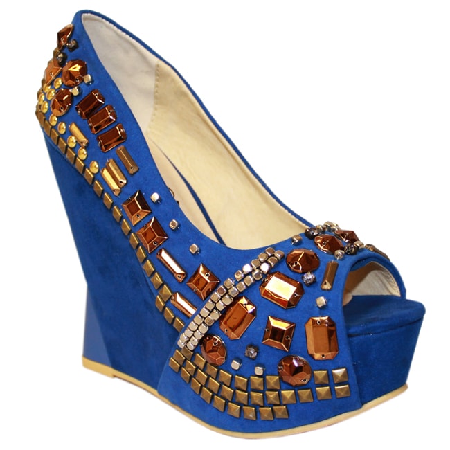 Toi et Moi Womens Mango 06 Blue Suede Jeweled Wedges