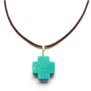 Blue Turquoise Cross On Leather Necklace