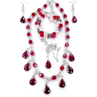 Silverplated Siam Red Crystal and White Glass Pearl Jewelry Set