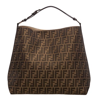 Fendi Zucca Jacquard Canvas Chocolate Leather Hobo Bag