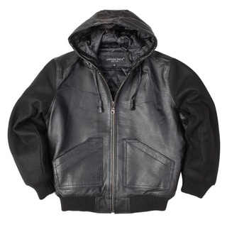 United Face Boys Black Leather Hooded Bomber Jacket with Wool Sleeves
