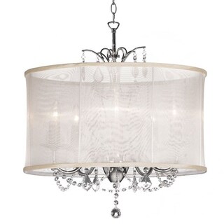 Glamorous 5-light Cream Silk Drum Shade Crystal Chandelier