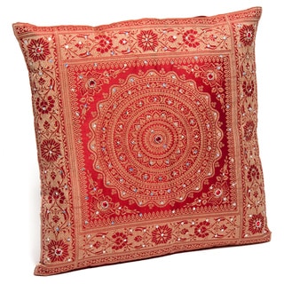 Red Banarasi Cushion Cover with Woven Mandala and Embroidered Sequins (India)