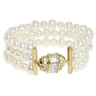Michael Valitutti Gold over Sterling Silver Freshwater Pearl and Cubic Zirconia Bracelet (6-8 mm)