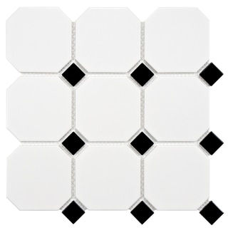 See Reviews SomerTile 11.625 x 11.625 Victorian Octagon Matte White with Glossy Black Dot Porcelain Mosaic Tiles (Pack of 10)
