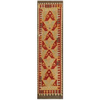 Afghan Hand-knotted Mimana Kilim Beige/ Red Wool Rug (2'7 x 9'8)