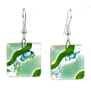 Handmade Emerald Isle Square Fused Glass Earrings (Chile)
