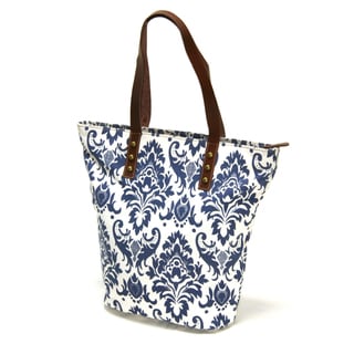 White Canvas and Leather Screen Printed Shopper Tote Bag (India) White Canvas and Leather Screen Printed Shopper Tote Bag (India)