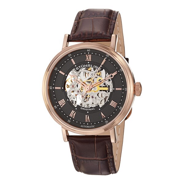 Stuhrling Original Men's 'Lexington' Automatic Skeleton Leather Strap Watch with Brown Strap