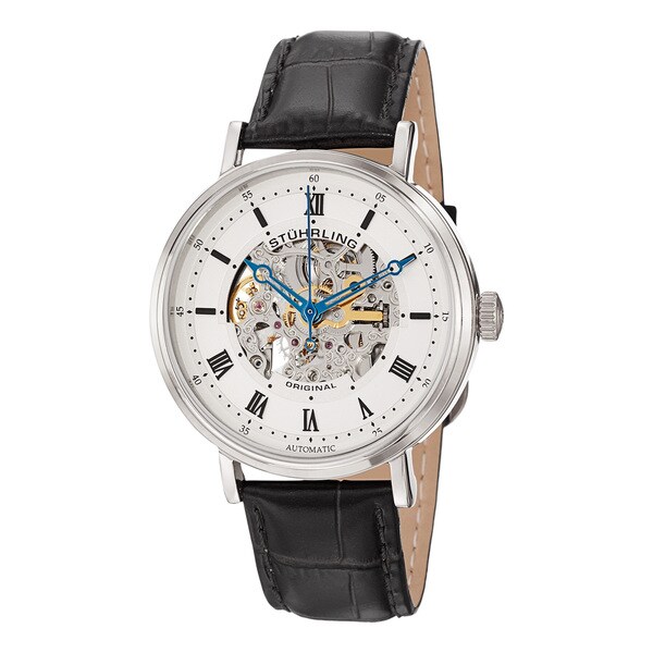 Stuhrling Original Men's 'Lexington' Automatic Skeleton Leather Strap Watch with White Face