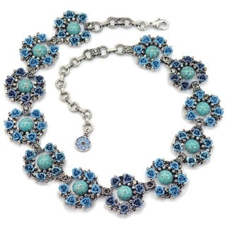 Sweet Romance Silvertone Turquoise and Blue Roses Necklace