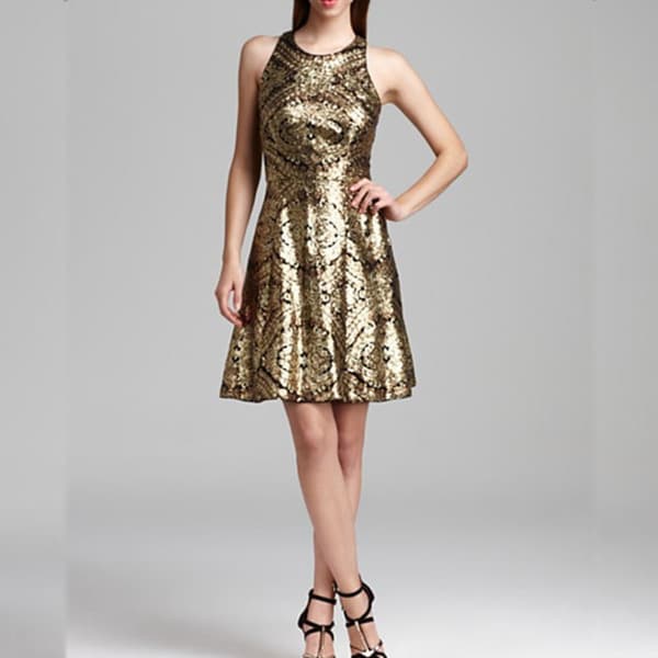 Adrianna Papell Women's Racerback Gold Sequin A-line Dress