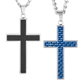 Stainless Steel Men's Carbon Fiber Inlay Cross Pendant Necklace