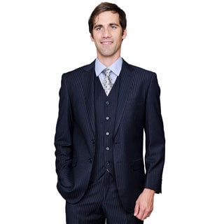 Men's Navy Shadow Stripe 2-Button Vested Suit-Image