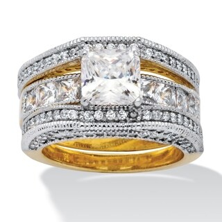 Ultimate CZ Gold Overlay Princess and Round CZ Wedding-style Ring Set