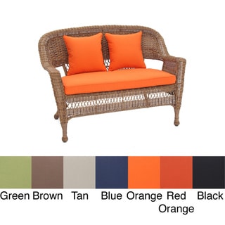 Honey Wicker Patio Loveseat with Cushion and Pillows - Overstock