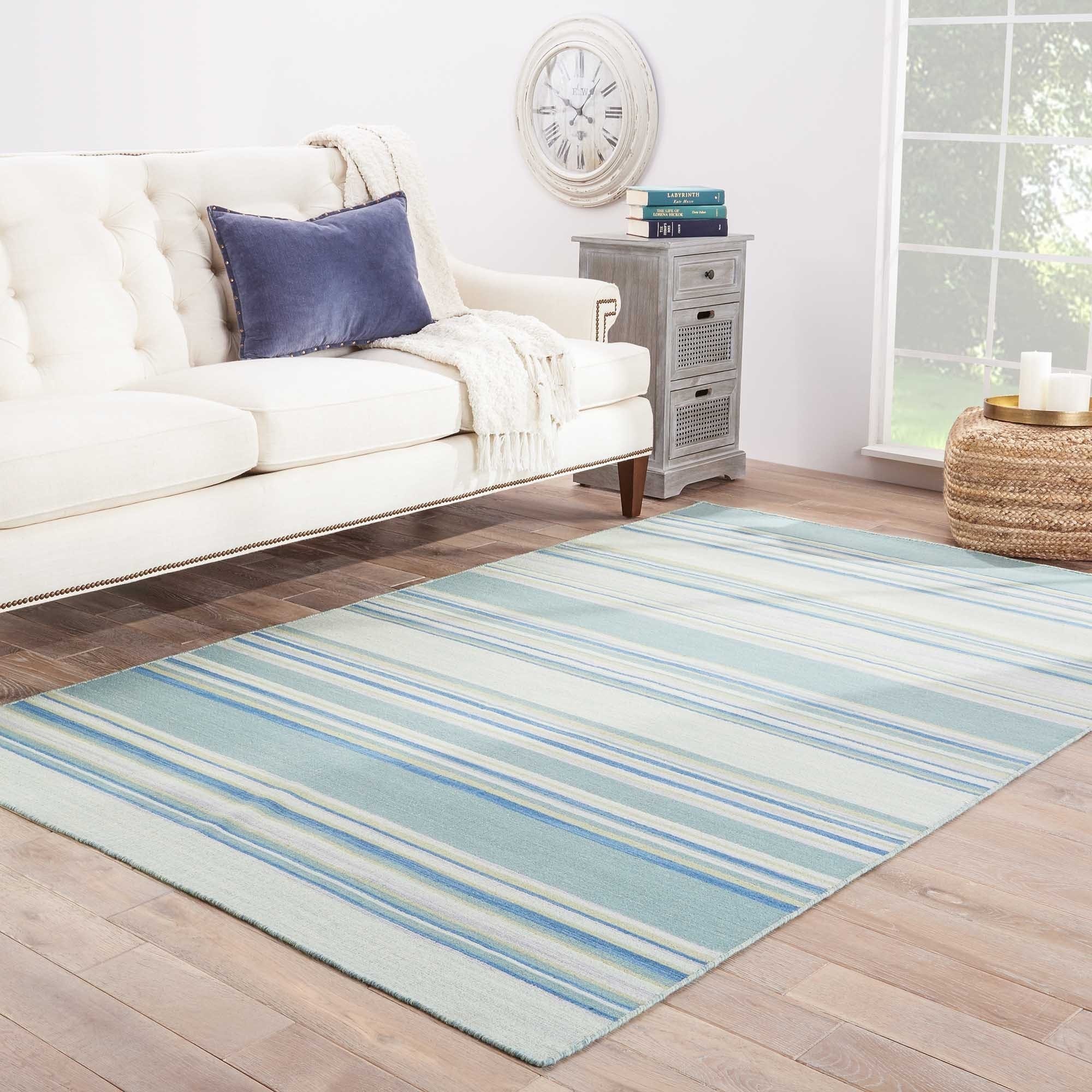 Handmade Flat Weave Stripe Pattern Blue Rug (9 X 12)