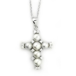 Cubic Zirconia Pearl Cross Adjustable Necklace