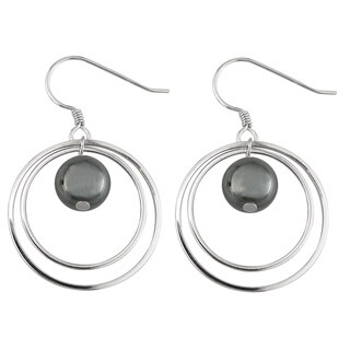 Silver Hermatite Bead Double Hoop Earrings