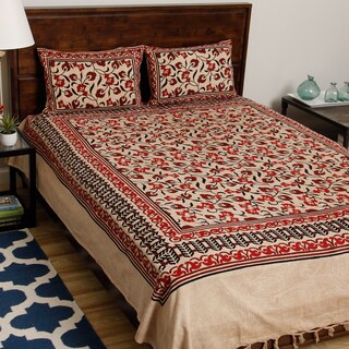 Beige Bedspread + Pillwcases from Pilkhuwa with Printed Flowers All-Over (India)